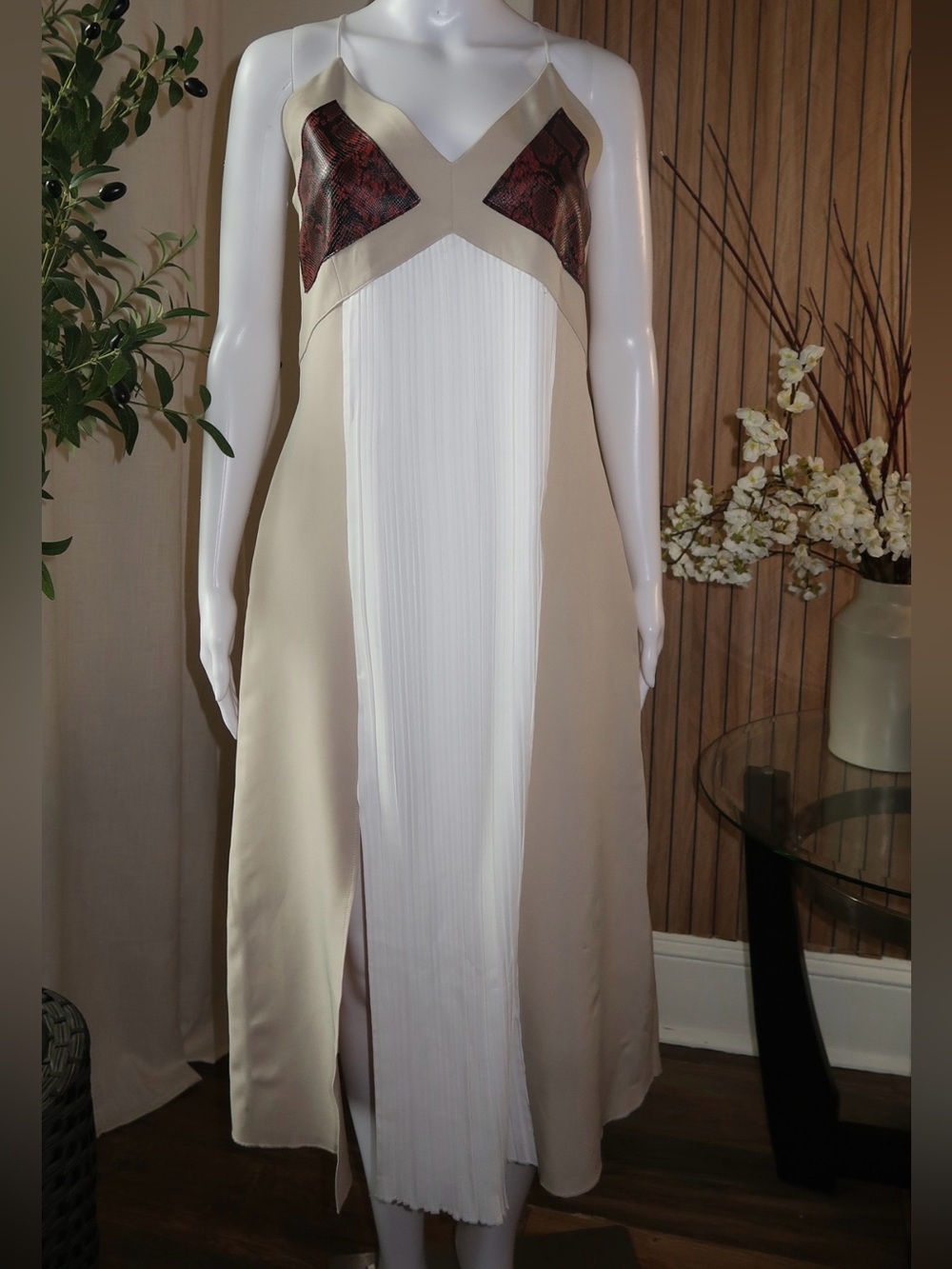 Zara Beige, White and Brown Accent Maxi Slip Dress